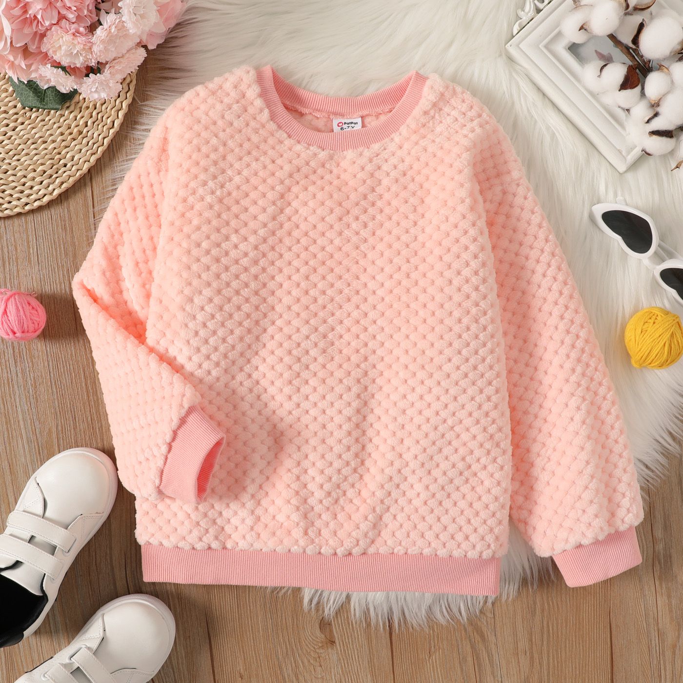 

Kid Boy Solid Color Textured Fleece Pullover Sweatshirt