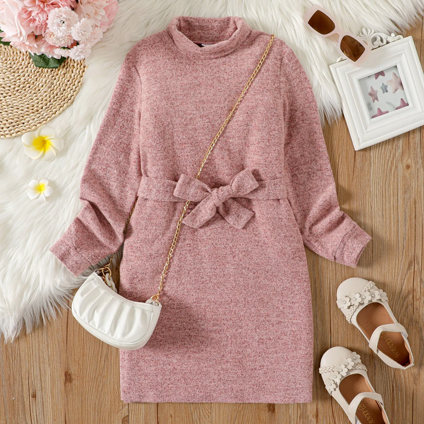 Kid Girl Solid Color Turtleneck Belted Long-sleeve Dress (Bag is not included)  big image 1