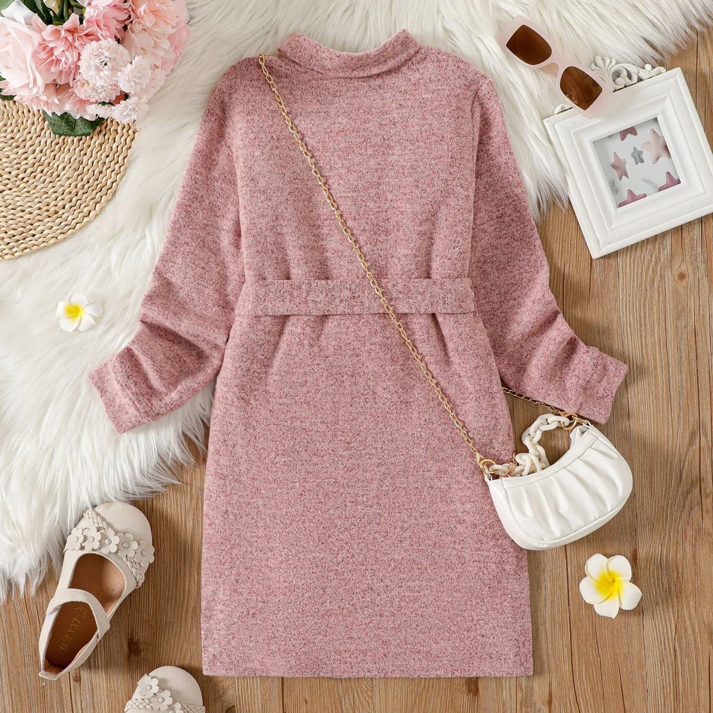 Kid Girl Solid Color Turtleneck Belted Long-sleeve Dress (Bag is not included)  image 6