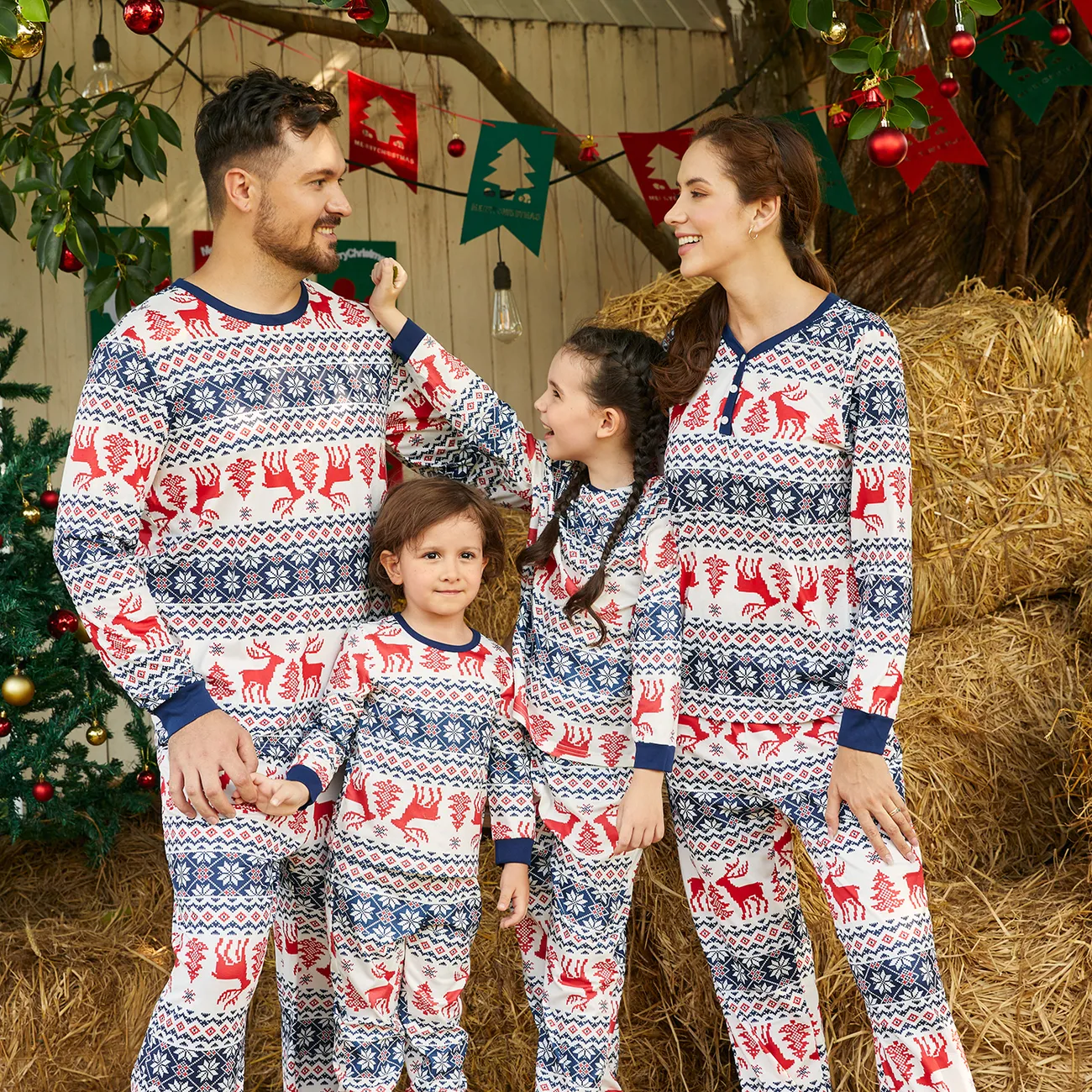 Christmas Family Matching Allover Print Long-sleeve Pajamas Sets (Flame Resistant) BLUEWHITE big image 1