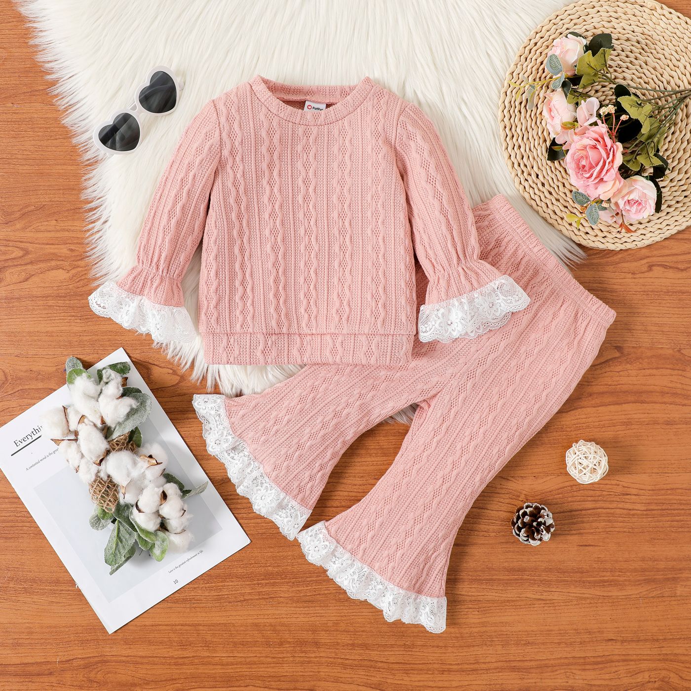 

2pcs Baby Girl Pink Knitted Lace Bell Sleeve Top and Flared Pants Set