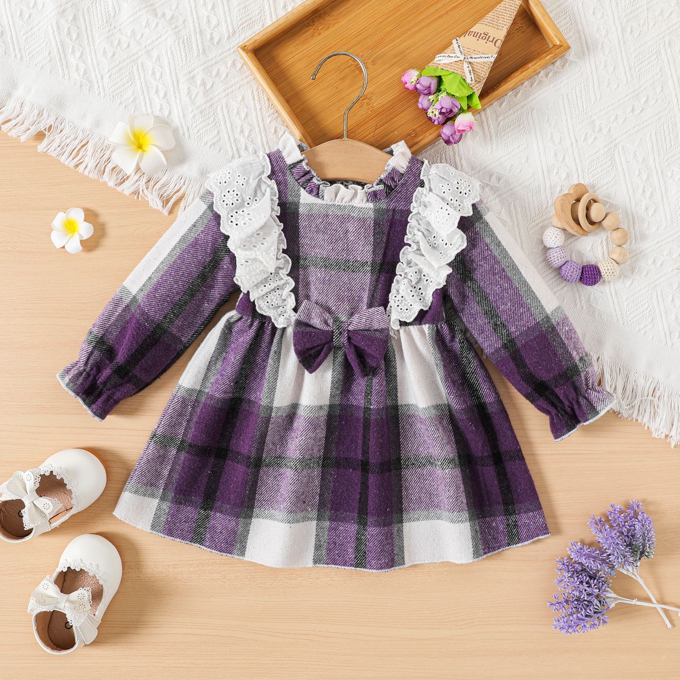 

Baby Girl Frill Neck Ruffle Trim Bow Front Purple Plaid Long-sleeve Dress