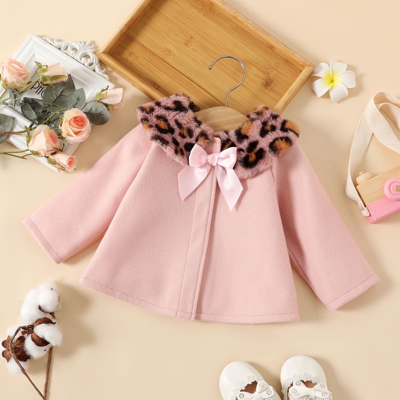 

Baby Girl Leopard Fuzzy Collar Pink Bow Front Long-sleeve Coat