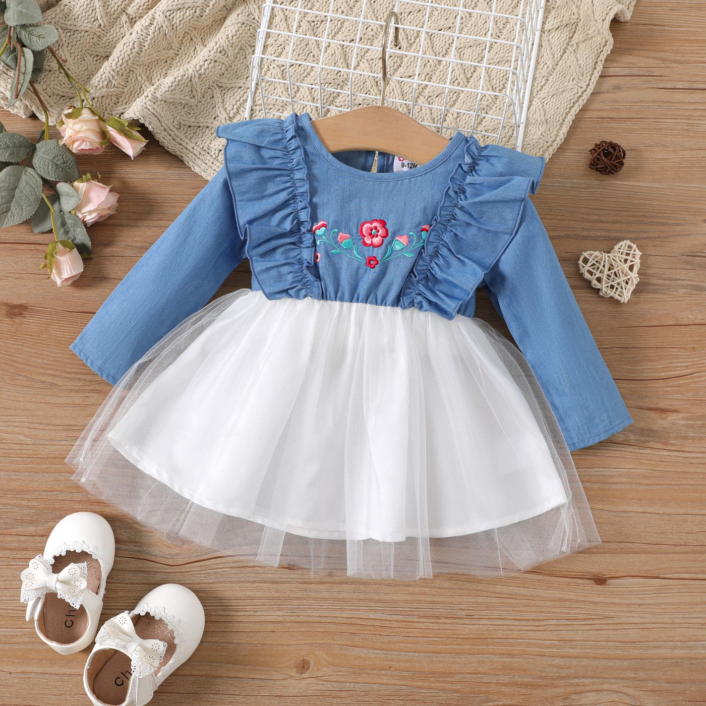 

Baby Girl 100% Cotton Floral Embroidered Denim Ruffle Trim Long-sleeve Mesh Dress