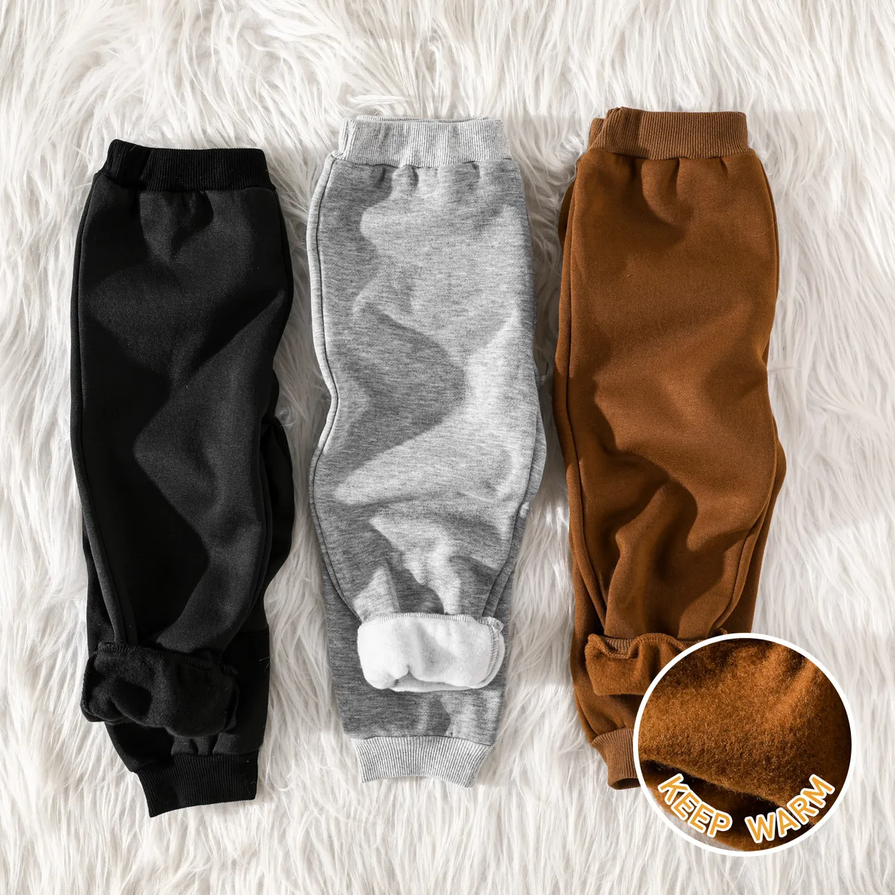 Pantalones elásticos con forro polar de color sólido básico para niño pequeño Marrón big image 1