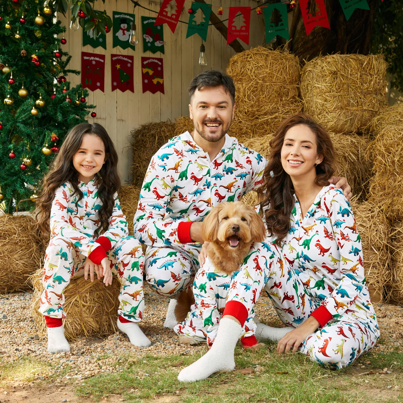 Christmas Dinosaur Print Family Matching Long-sleeve Hooded Onesies Pajamas Sets (Flame Resistant) Multi-color big image 1