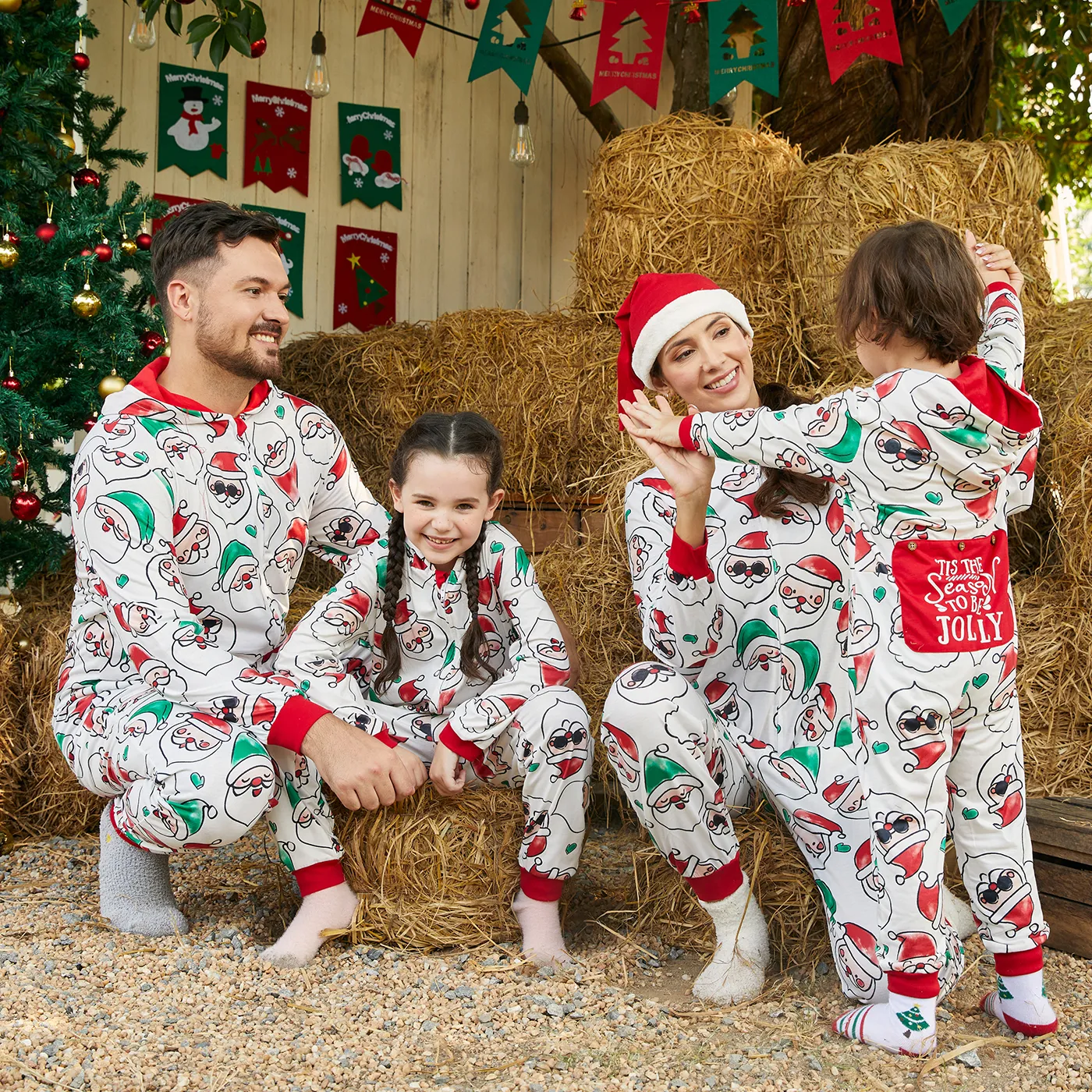 Christmas Family Matching Allover Santa Claus Print Long-sleeve Hooded Zipper Onesies Pajamas (Flame Resistant)  image 5