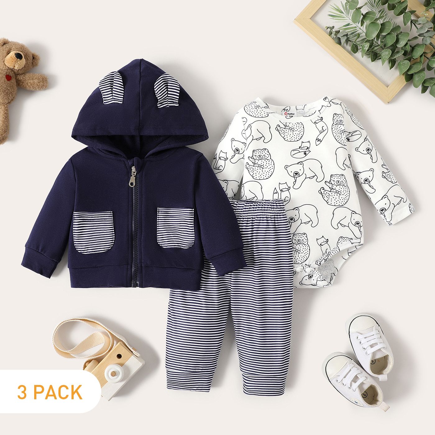

3-Pack Baby Boy/Girl 3D Ears Hoodie and Allover Bear Print Long-sleeve Romper with Striped Pants Set