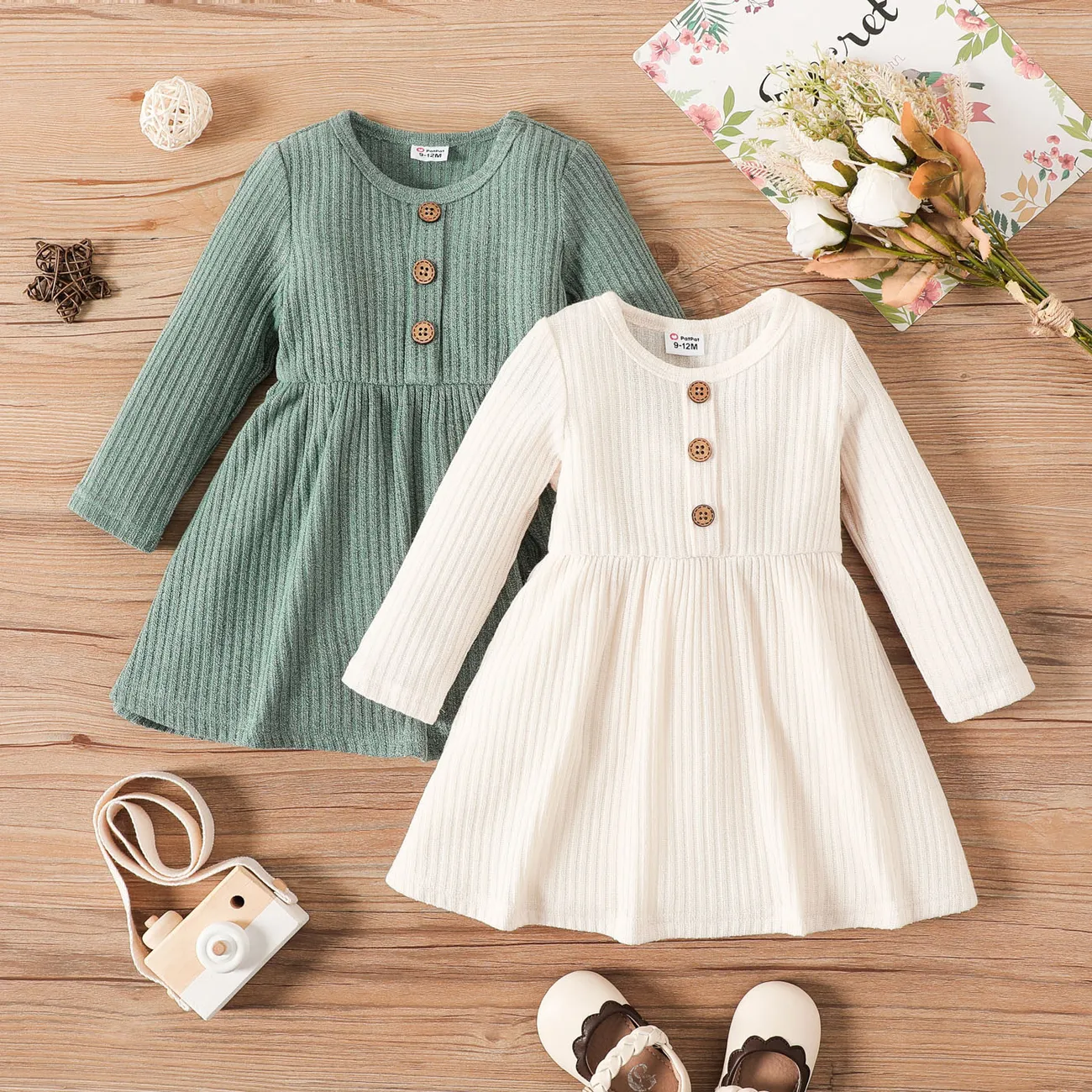 Baby Girl Button Front Solid Rib Knit Long-sleeve Dress Light Green big image 1