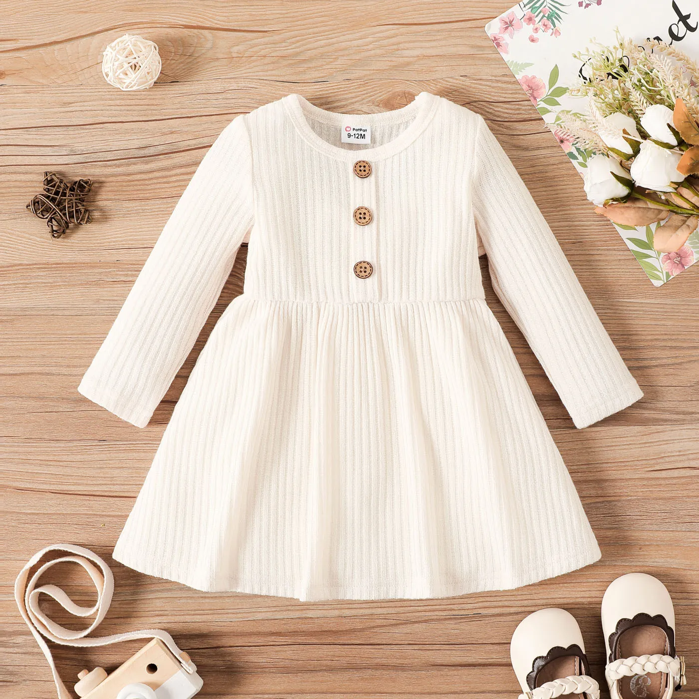 Baby Girl Button Front Solid Rib Knit Long-sleeve Dress Creamcolored