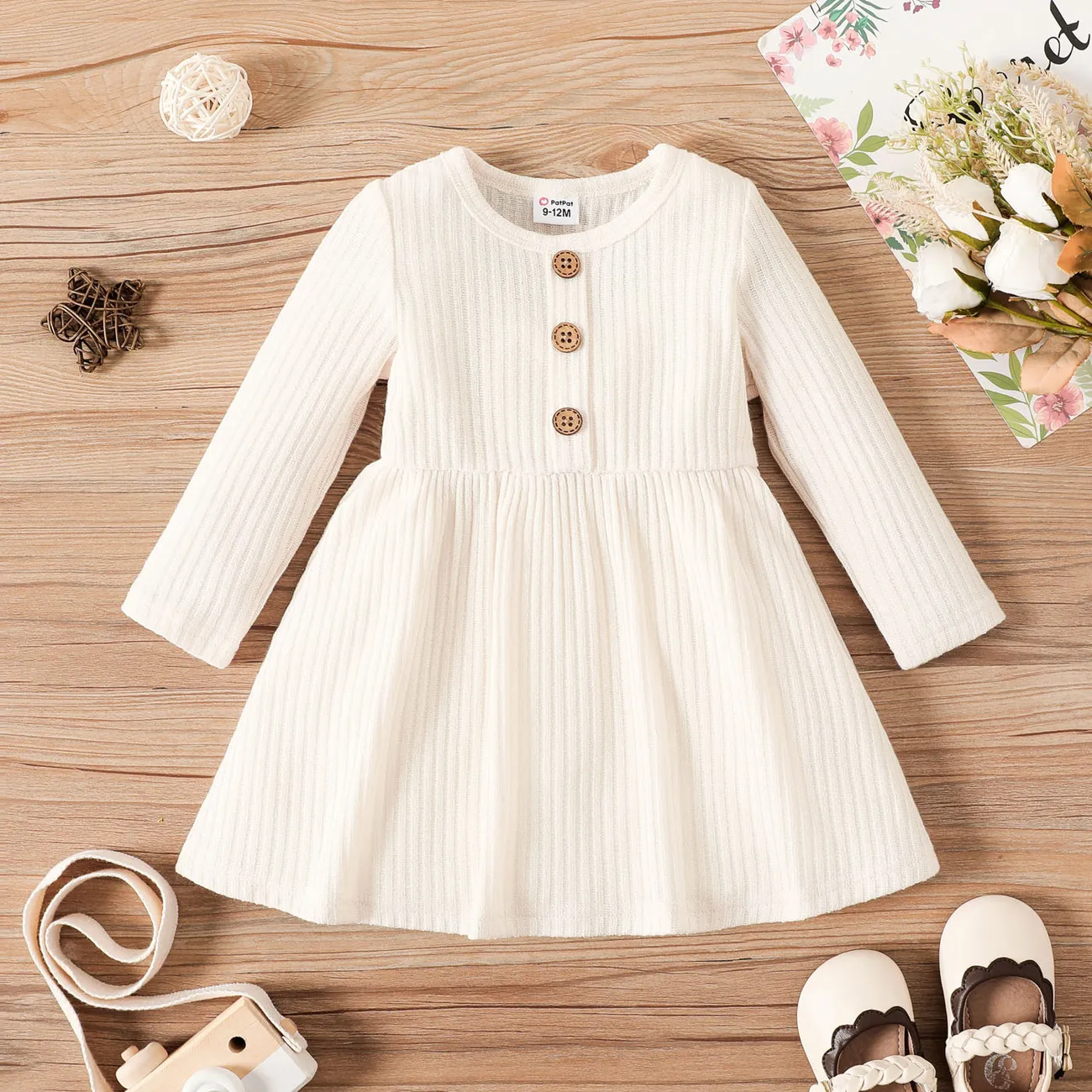 Baby Girl Button Front Solid Rib Knit Long-sleeve Dress Creamcolored big image 1