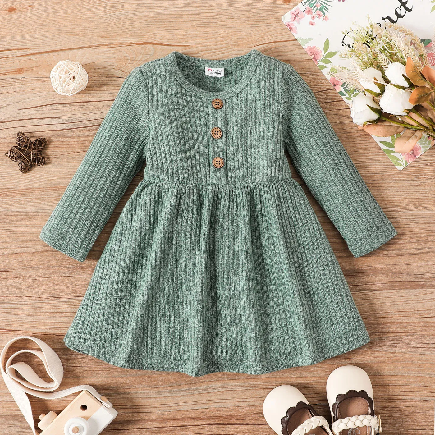 Baby Girl Button Front Solid Rib Knit Long-sleeve Dress Light Green big image 1