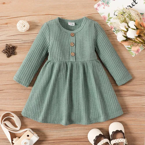 Baby Girl Button Front Solid Rib Knit Long-sleeve Dress