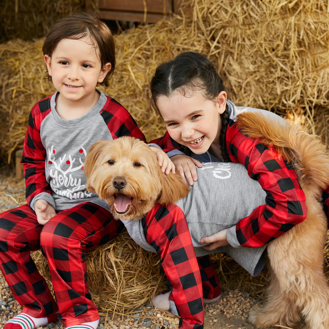 Merry Christmas Antler Letter Print Plaid Design Family Matching Pajamas Sets (Flame Resistant) Grey image 4