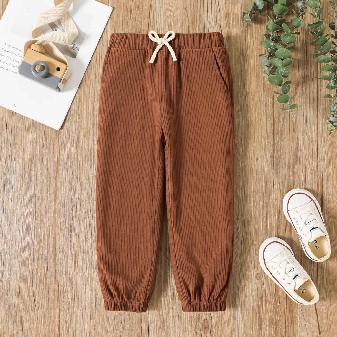 Toddler Boy Basic Solid Color Elasticized Ribbed Pants Brown