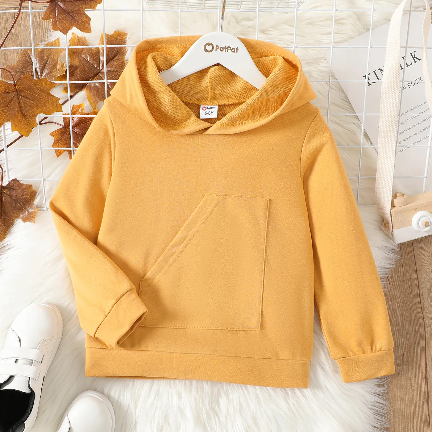 Kid Boy/Kid Girl Solid Color Pocket Design Hoodie Sweatshirt Apricot Yellow