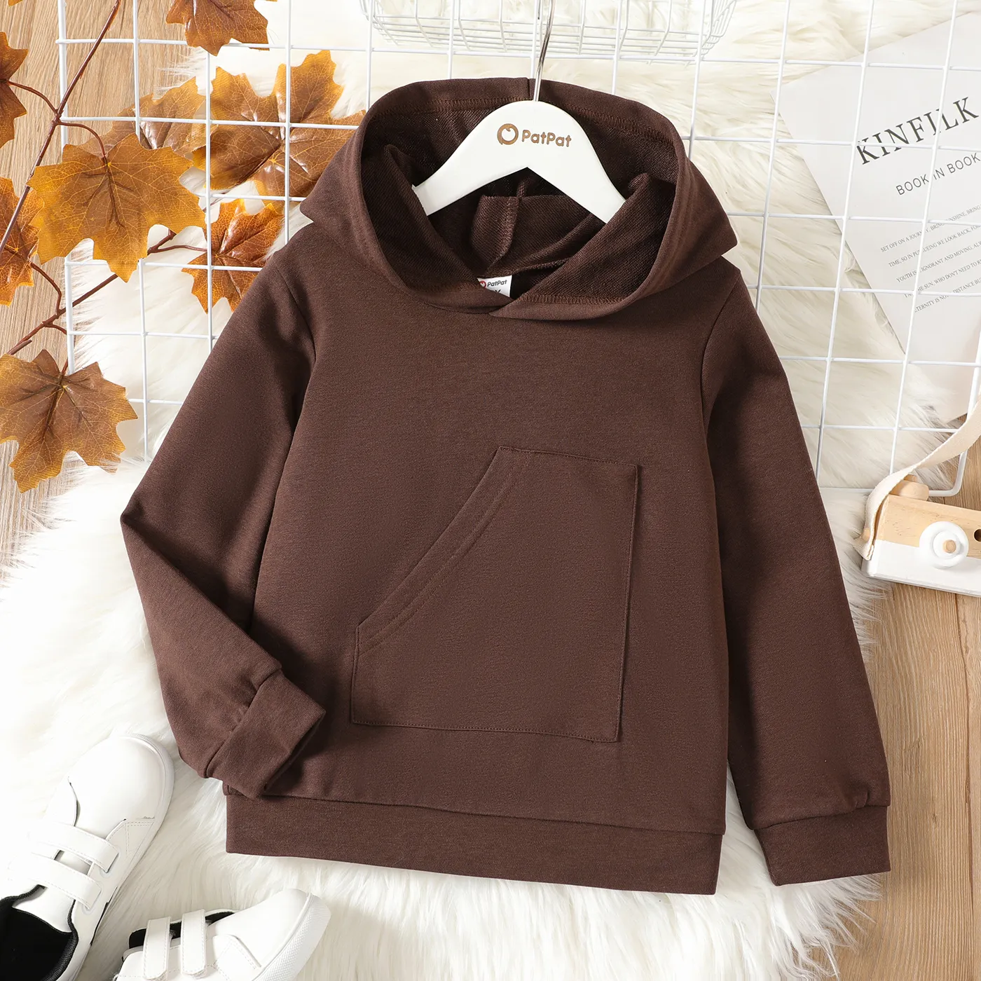 Kid Boy/Kid Girl Solid Color Pocket Design Hoodie Sweatshirt Coffee big image 1
