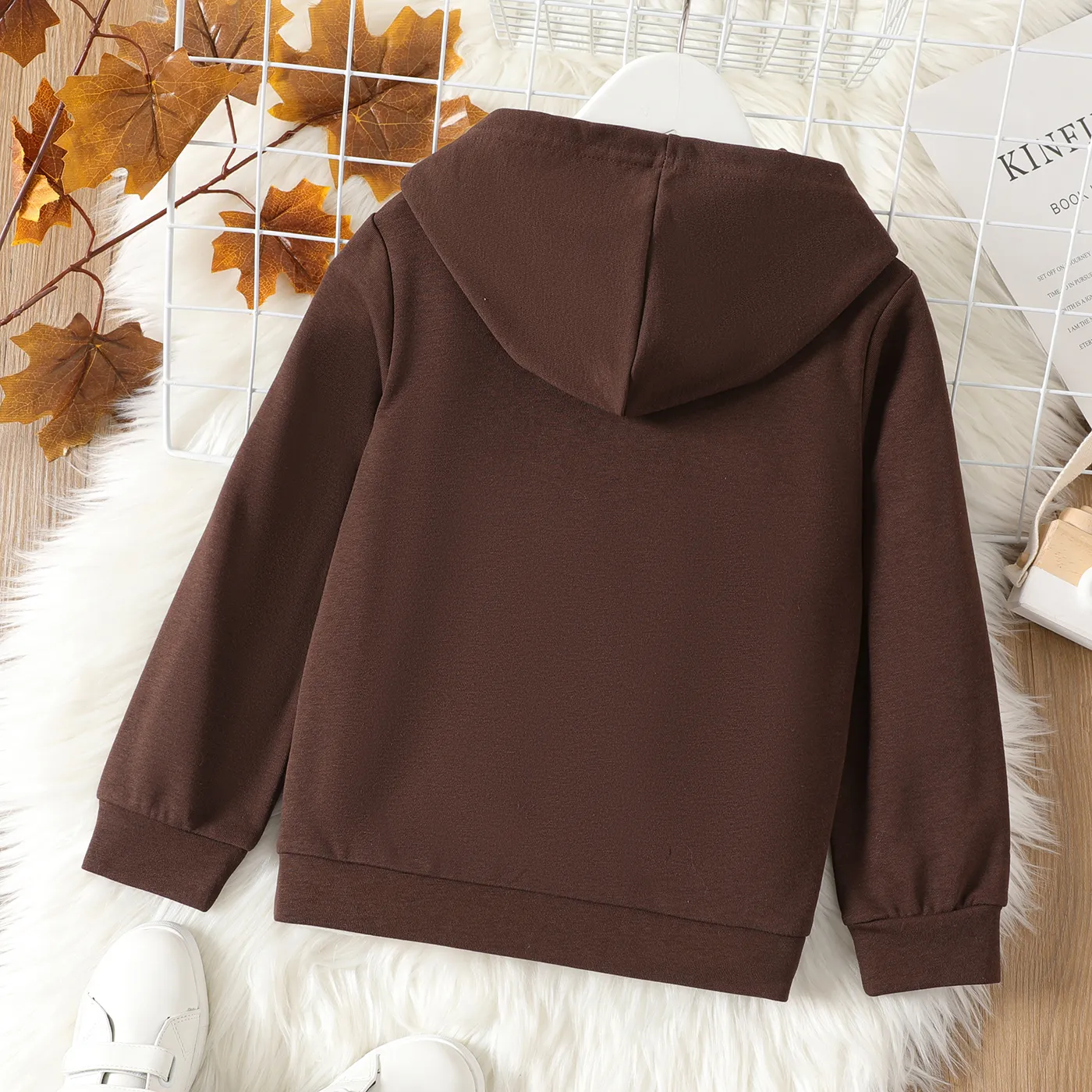 Kid Boy/Kid Girl Solid Color Pocket Design Hoodie Sweatshirt Coffee image 3
