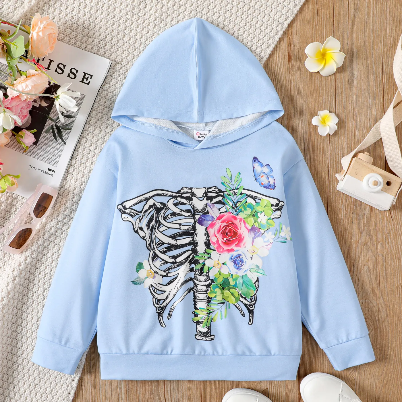 Kid Girl Floral Print Blue Hoodie Sweatshirt