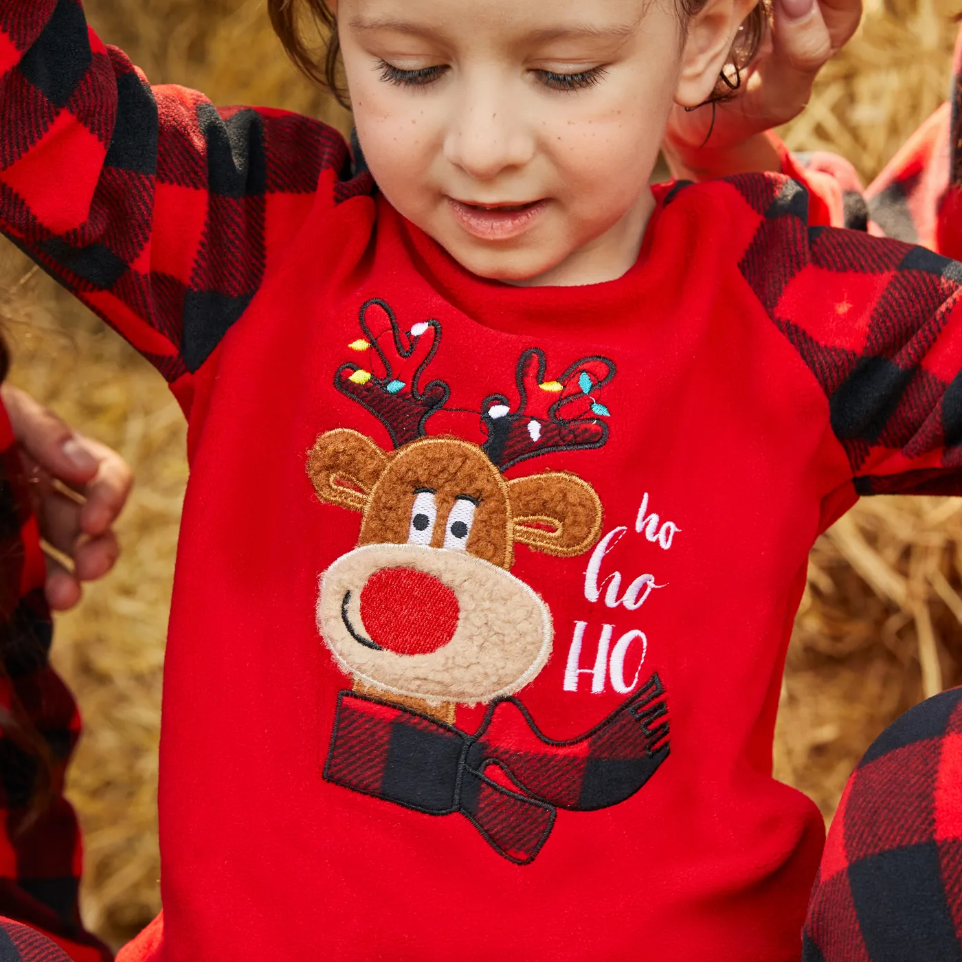 Christmas Family Matching Reindeer Embroidered Red Plaid Raglan-sleeve Thickened Polar Fleece Pajamas Sets (Flame Resistant)  image 3