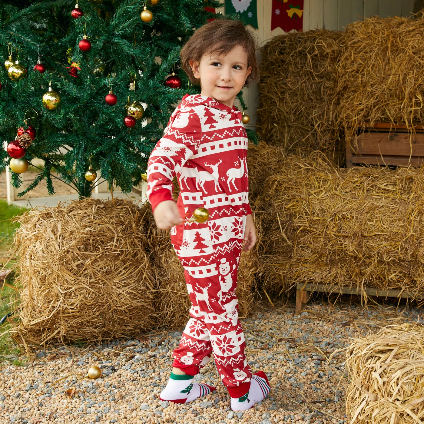 Christmas Family Matching Allover Red Print Long-sleeve Hooded Zipper Onesies Pajamas Sets (Flame Resistant) Red-2 image 6