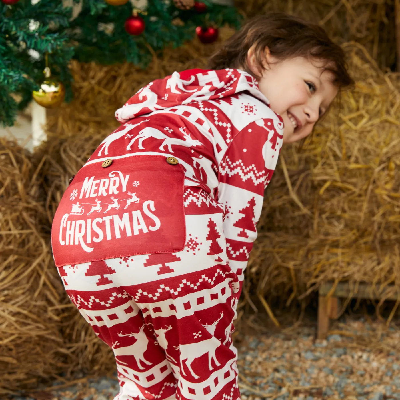Christmas Family Matching Allover Red Print Long-sleeve Hooded Zipper Onesies Pajamas Sets (Flame Resistant) Red-2 image 5