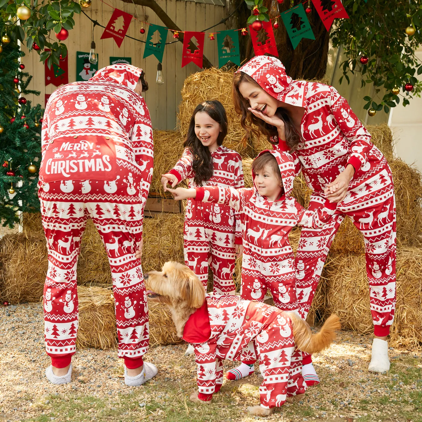 Christmas Family Matching Allover Red Print Long-sleeve Hooded Zipper Onesies Pajamas Sets (Flame Resistant) Red-2 image 3