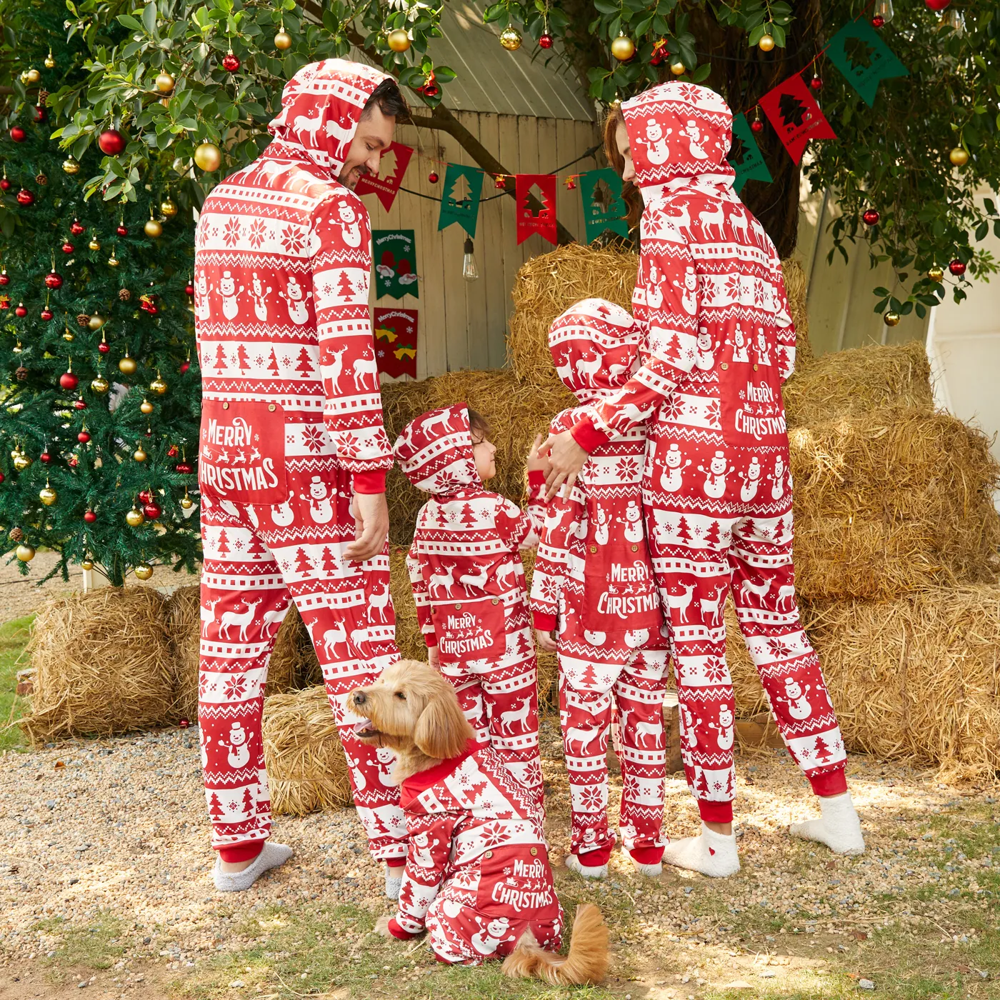 Christmas Family Matching Allover Red Print Long-sleeve Hooded Zipper Onesies Pajamas Sets (Flame Resistant)
