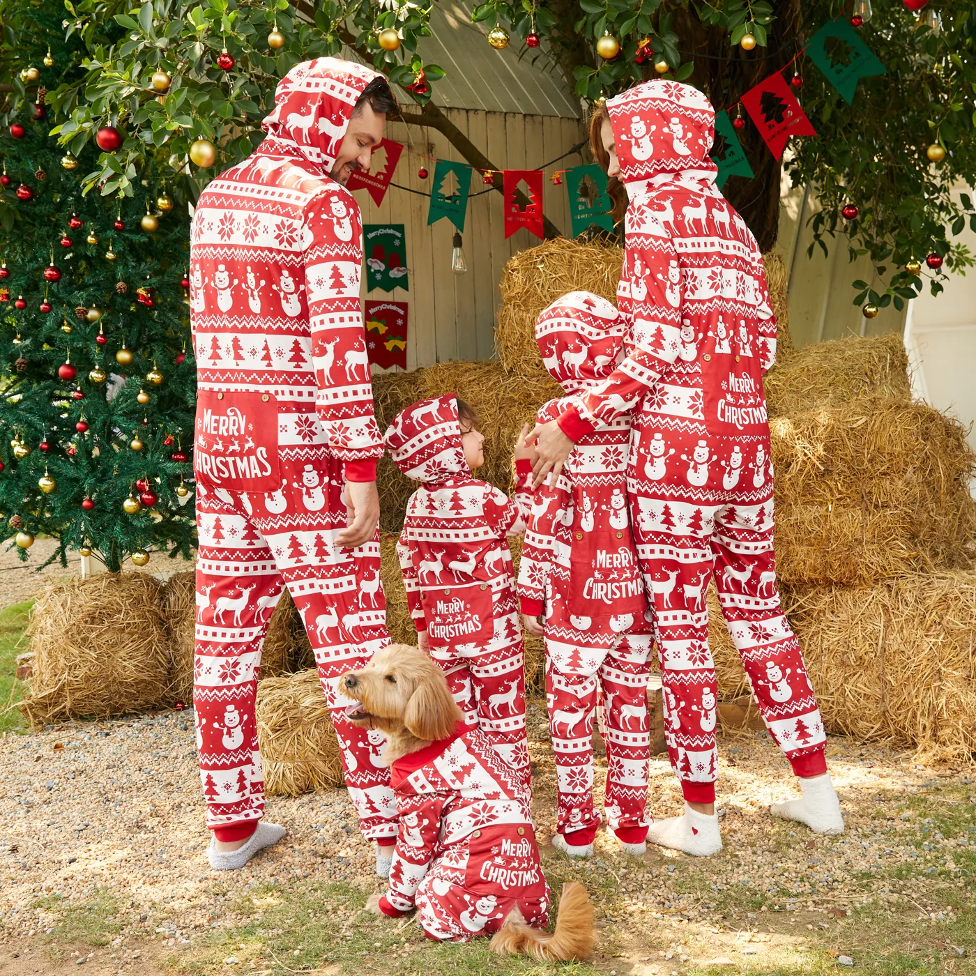 Christmas Family Matching Allover Red Print Long-sleeve Hooded Zipper Onesies Pajamas Sets (Flame Resistant) Red-2 image 2