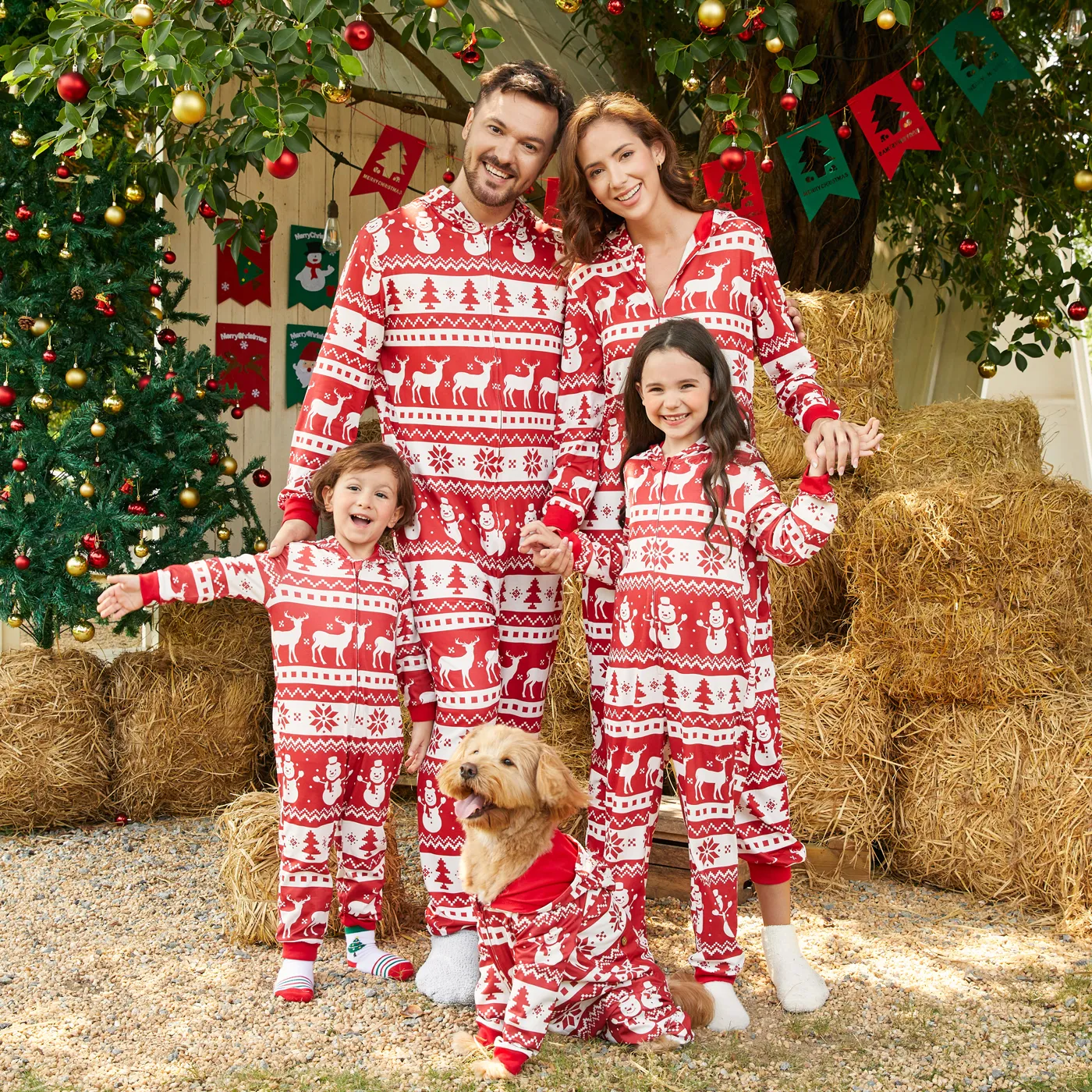 Christmas Family Matching Allover Red Print Long-sleeve Hooded Zipper Onesies Pajamas Sets (Flame Resistant) Red-2 image 4