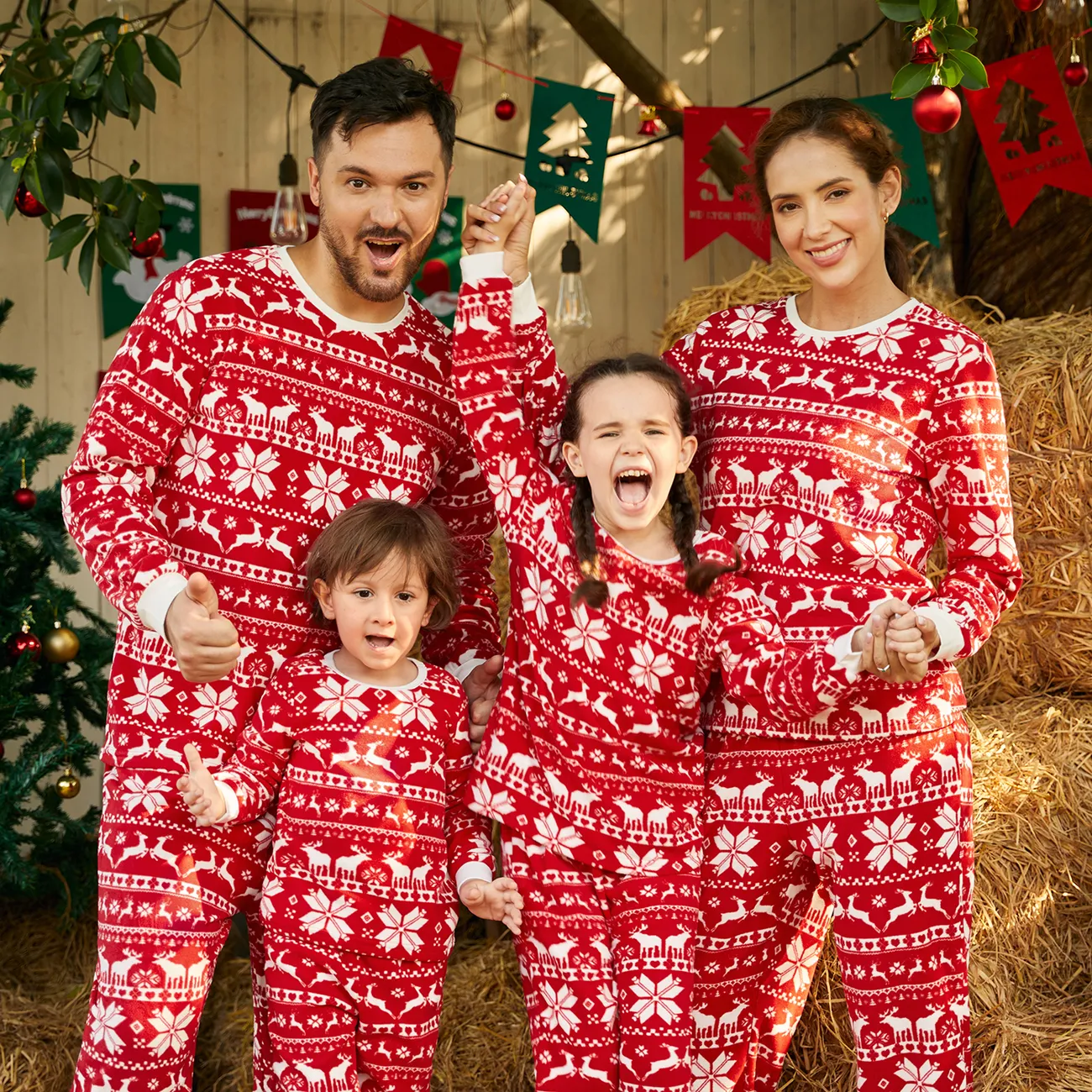 Family Christmas Pajama Set, Family Matching Outfits, Red, Christmas Elk,  Snowflake Pattern