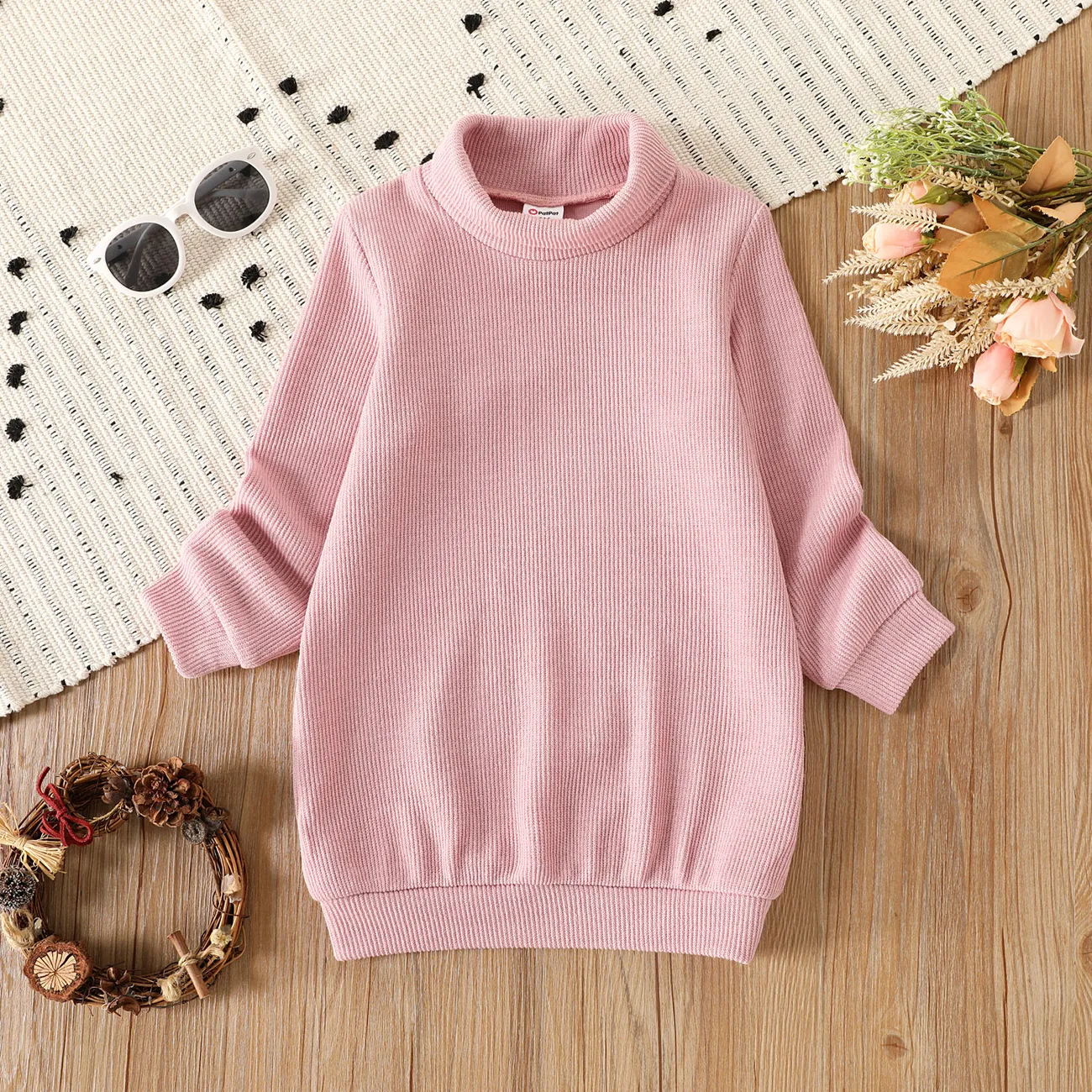 Toddler Girl Solid Color Turtleneck Ribbed Sweater Dress (Belt is not included)