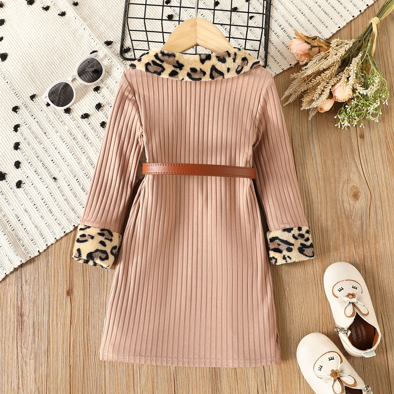Toddler Girl Leopard Print Fleece Splice Lapel Collar Ribbed Dress (Belt is not included) lighttan big image 1