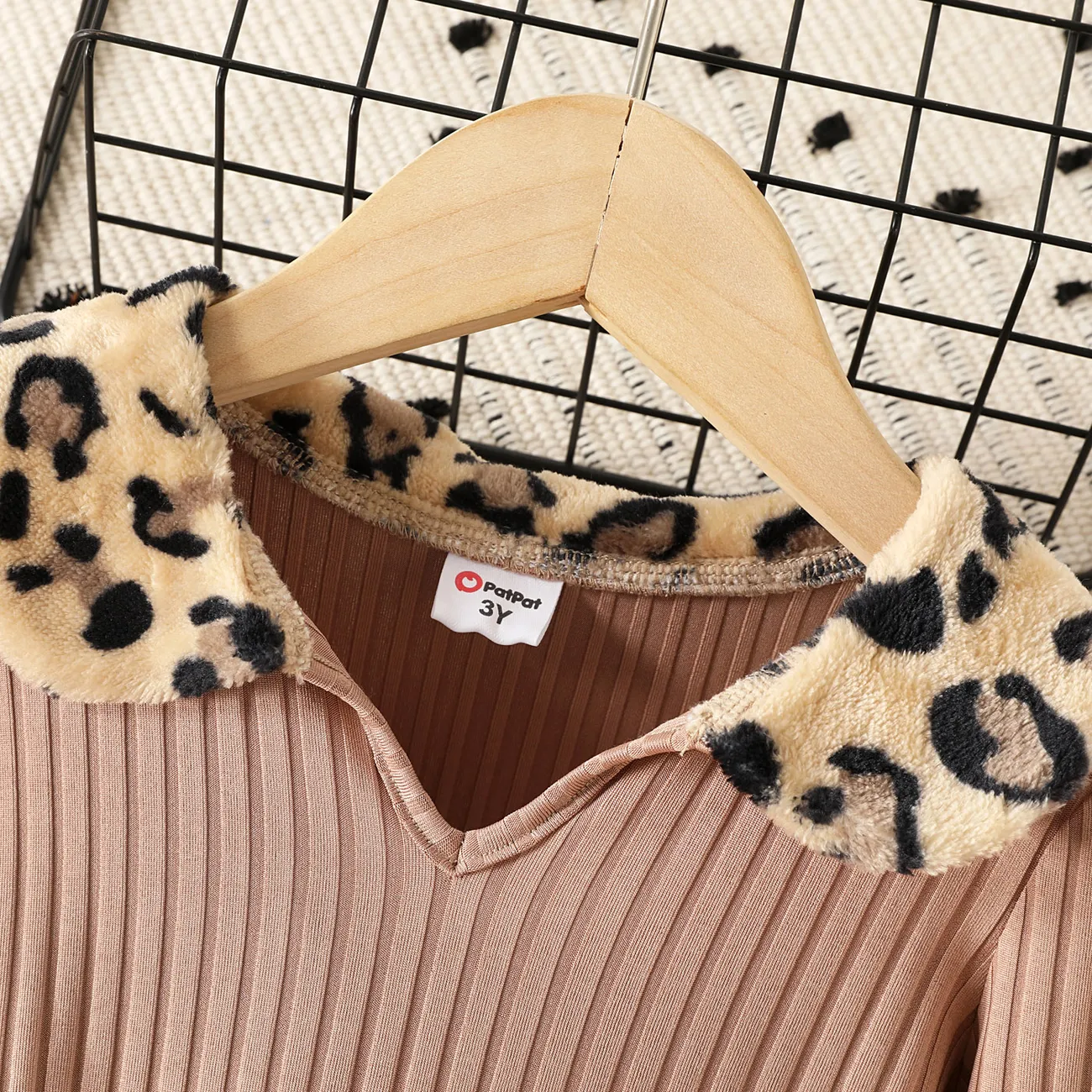 Toddler Girl Leopard Print Fleece Splice Lapel Collar Ribbed Dress (Belt is not included) lighttan big image 1