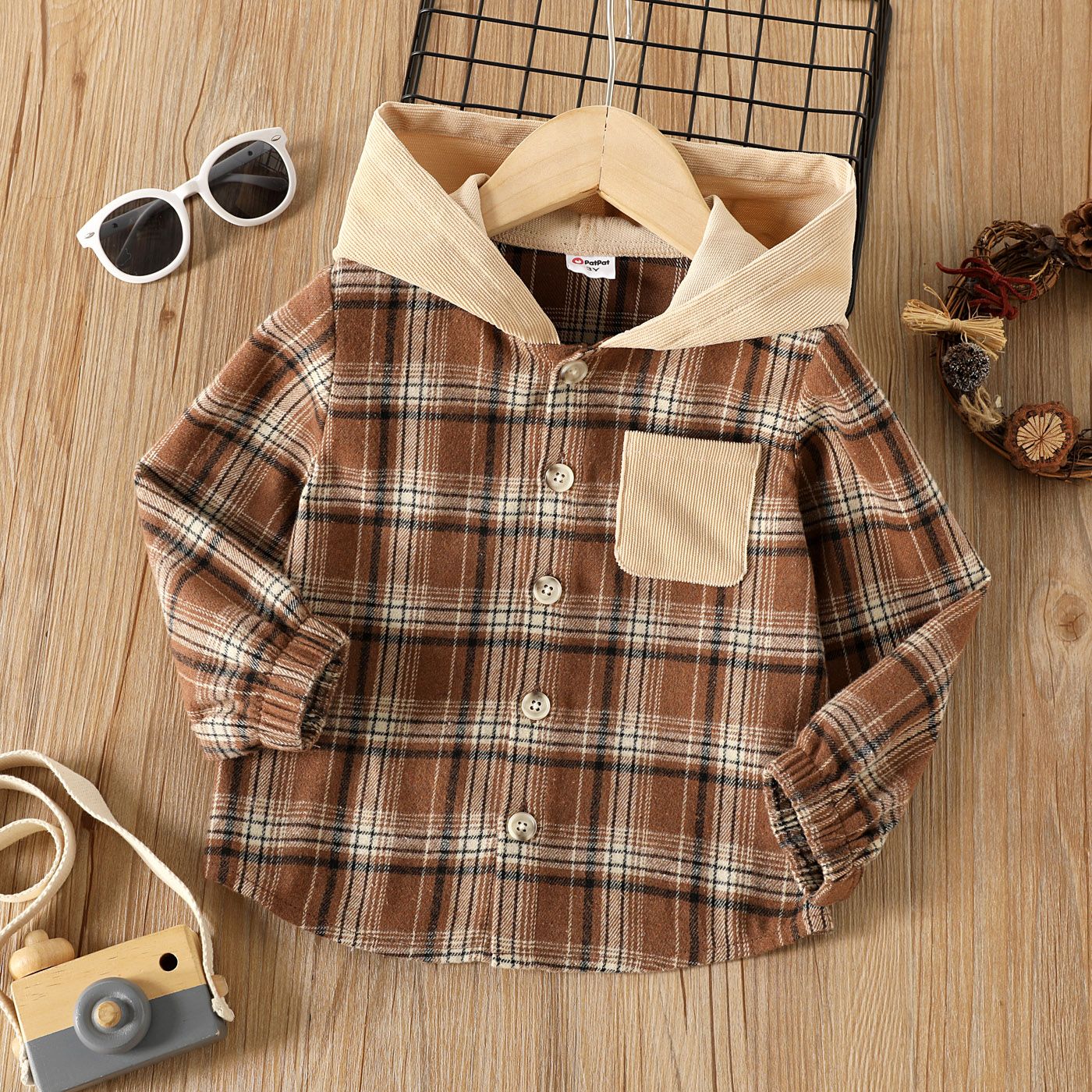 

Toddler Boy Plaid Button Design Hooded Jacket