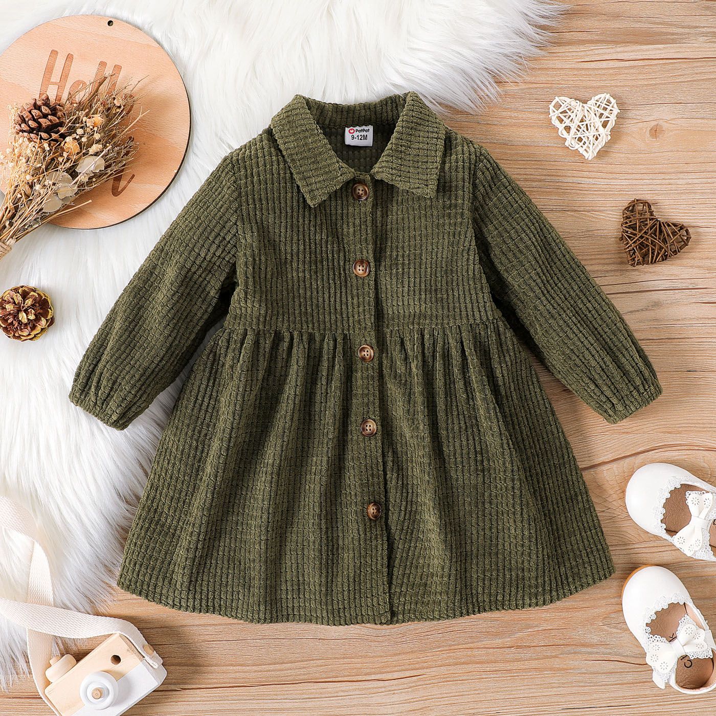 Baby Girl Button Front Solid Corduroy Long-sleeve Dress
