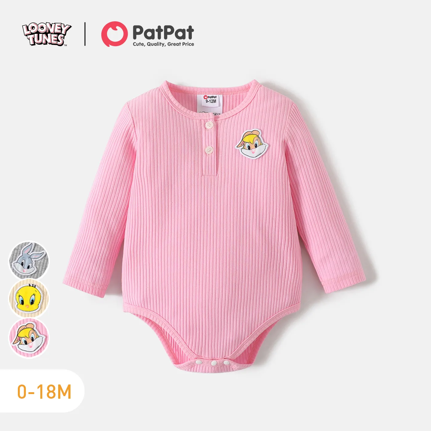 Looney Tunes Baby Girl 100% Cotton Rib Knit Long-sleeve Animal Embroidered Romper  big image 1
