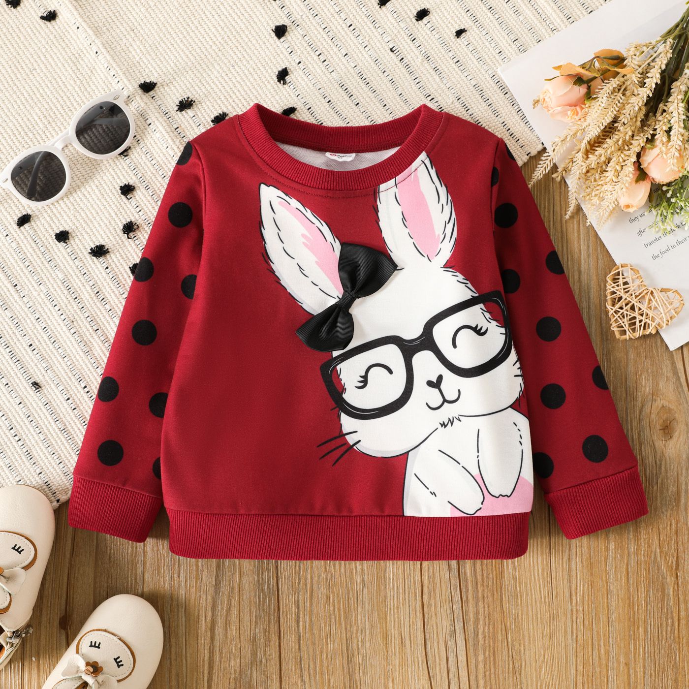 Toddler Girl  Rabbit Print Polka Dots Pullover Sweatshirt/Rabbit Patch Thick Denim Jeans