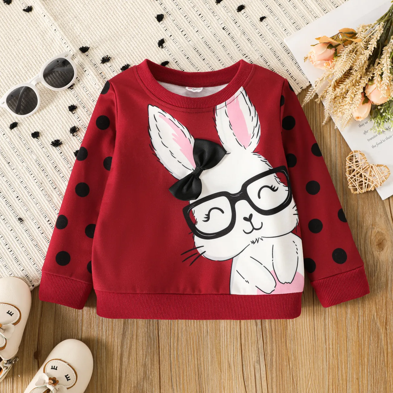 Toddler Girl Cute Rabbit Print Polka dots Pullover Sweatshirt Burgundy big image 1
