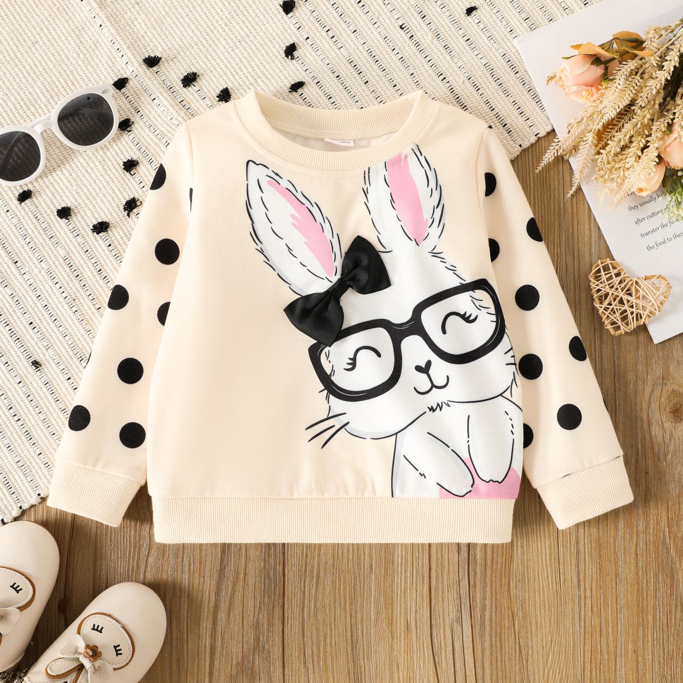 Toddler Girl  Rabbit Print Polka Dots Pullover Sweatshirt/Rabbit Patch Thick Denim Jeans