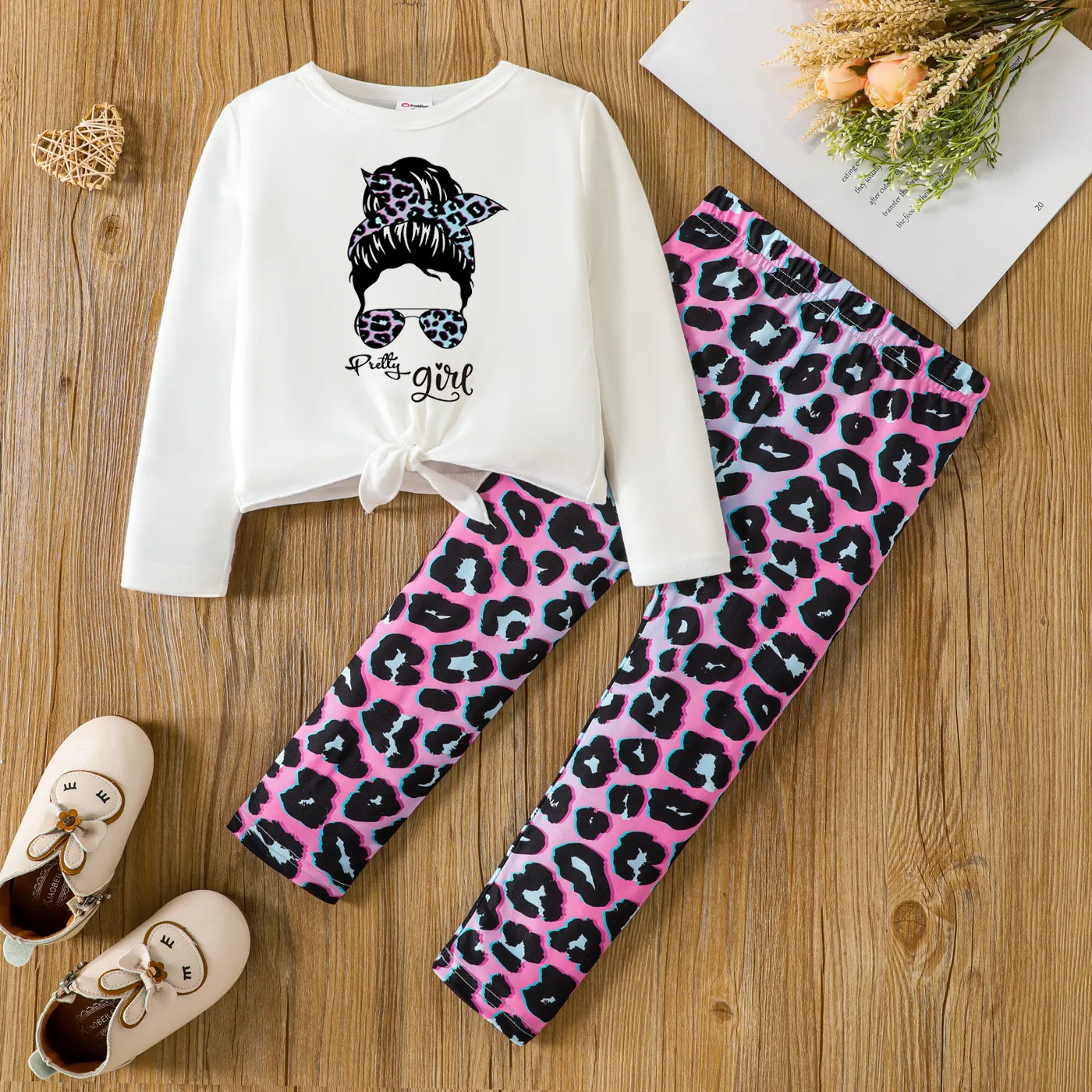 

2pcs Toddler Girl Character Print Tie Knot Long-sleeve Tee and Leopard Print Leggings Set