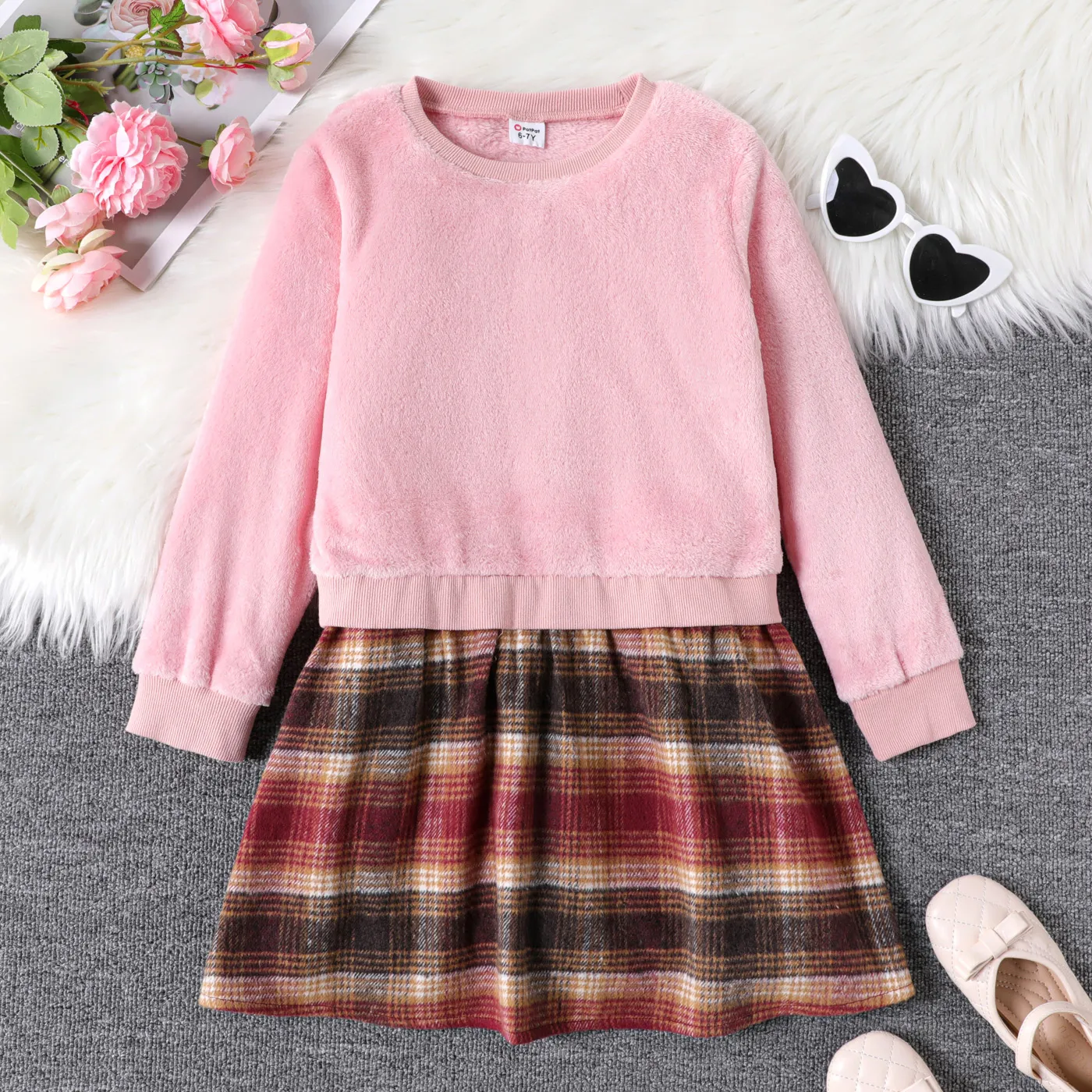 Kid Girl Faux-two Flannel Fleece Plaid Splice Long-sleeve Dress