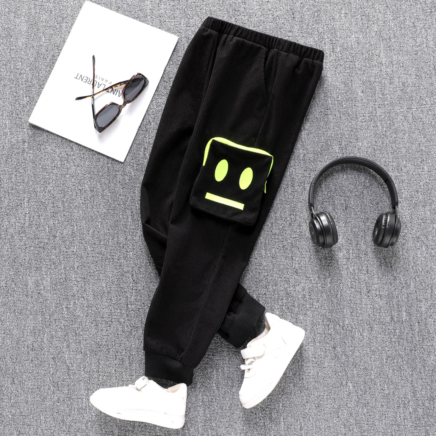 Kid Girl Face Graphic Print Pocket Design Corduroy Cargo Pants
