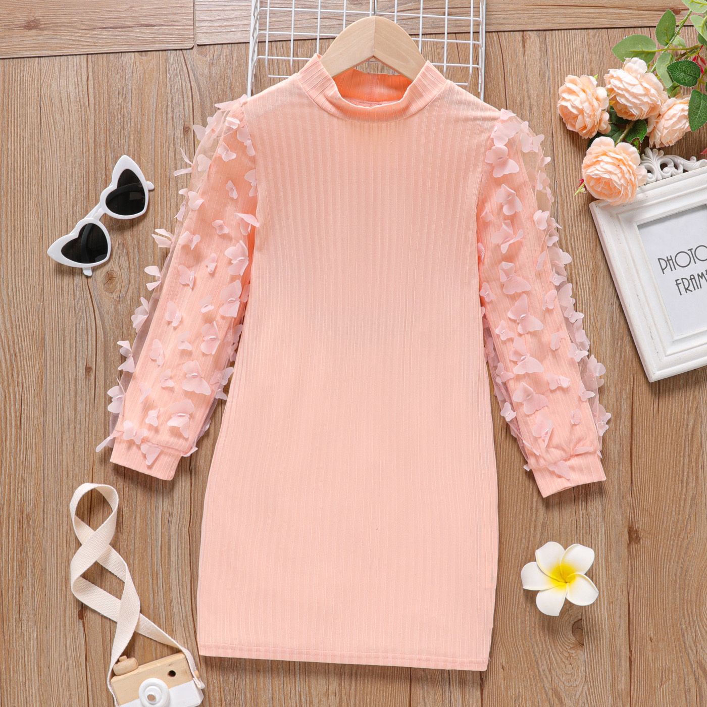 

Kid Girl 3D Butterfly Design Mock Neck Mesh Ribbed Dress