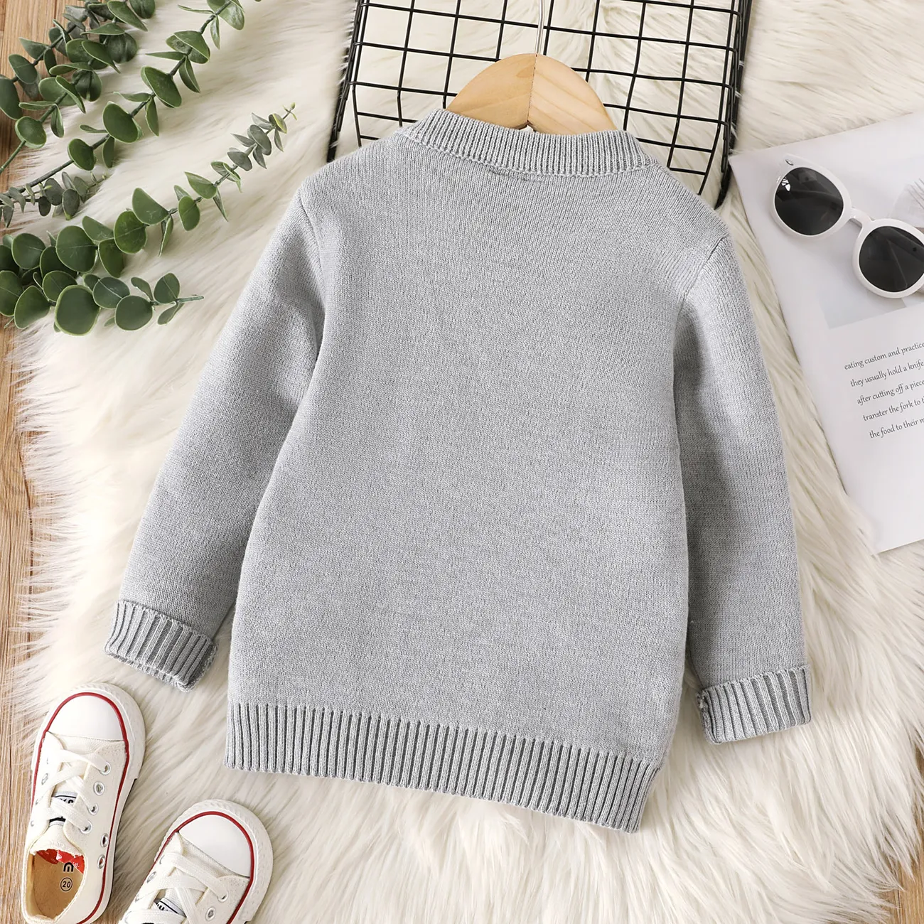 Toddler Boy Playful Vehicle Embroidered Knit Sweater Grey big image 1
