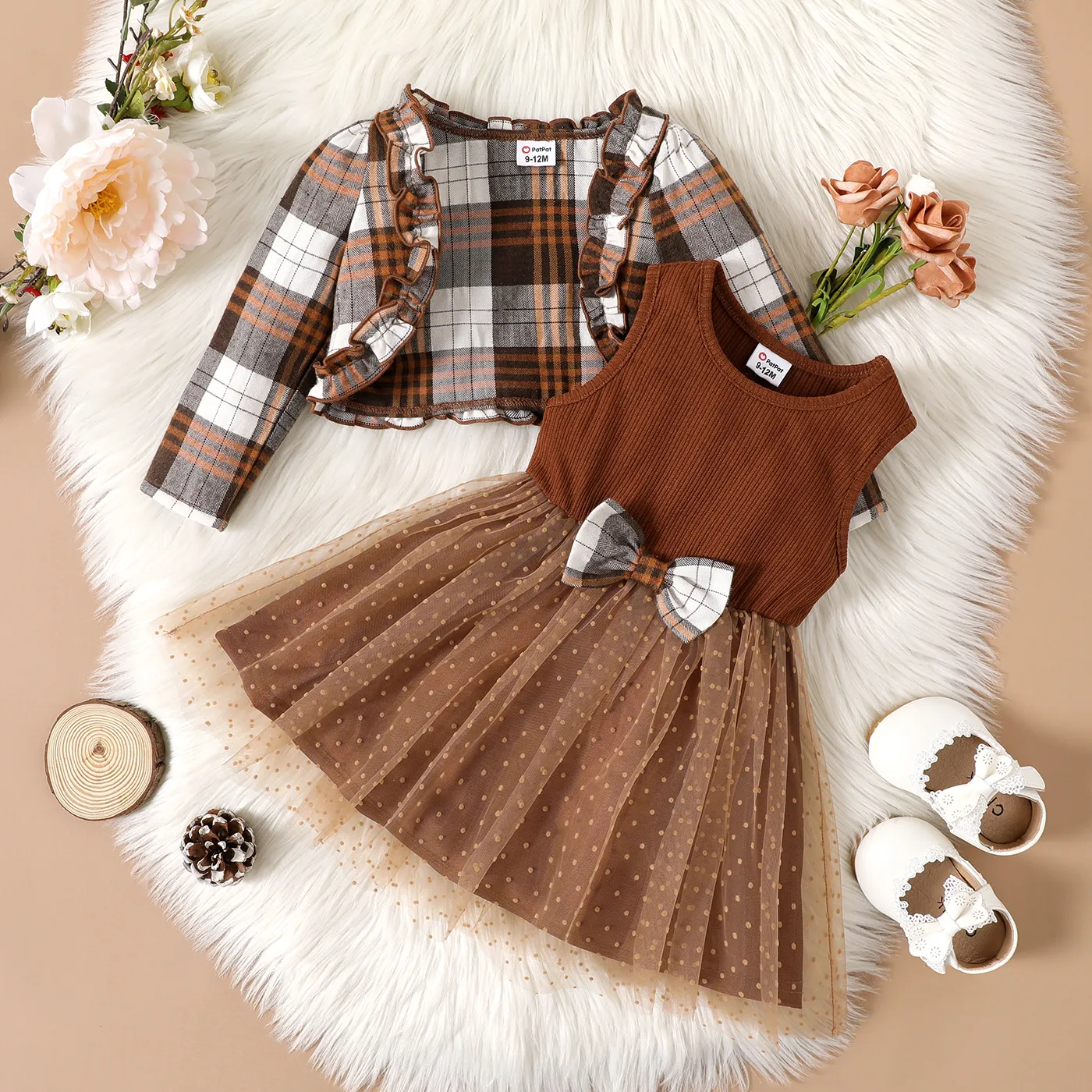 

2pcs Baby Girl Brown Ribbed Spliced Dots Mesh Tank Dress and Plaid Ruffle Trim Long-sleeve Cardigan Set