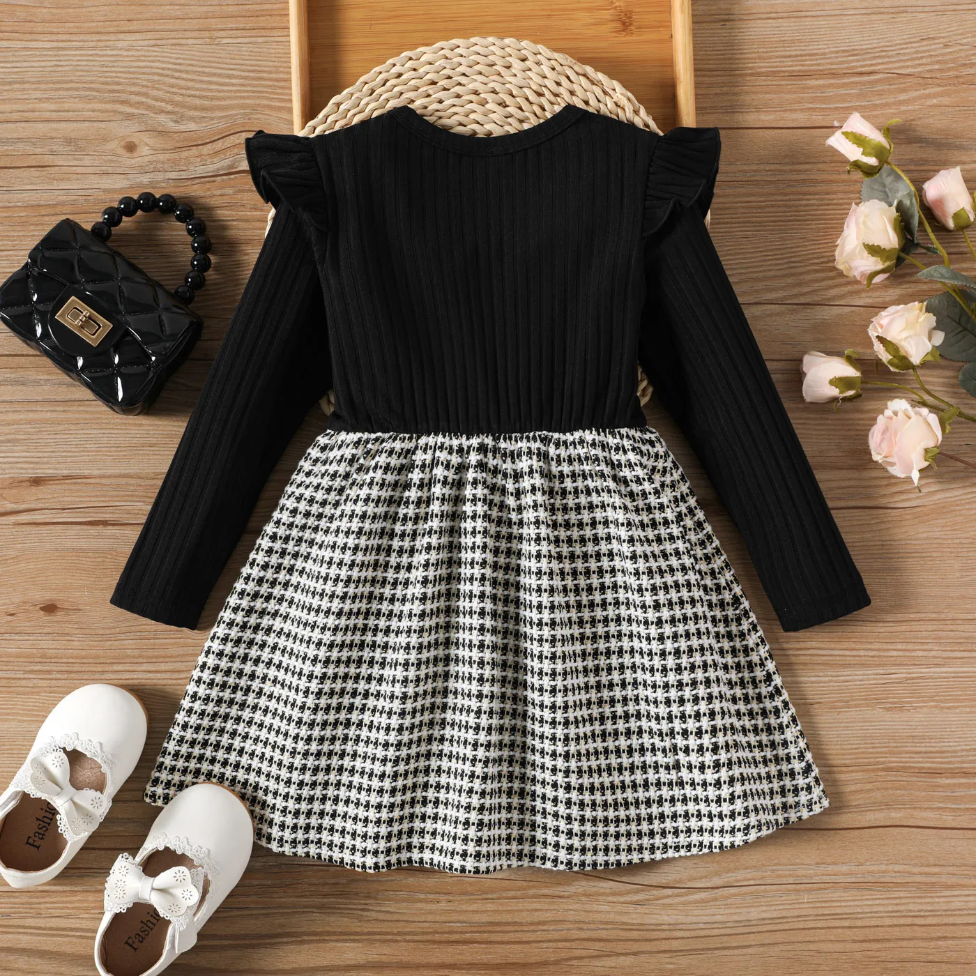 Toddler Girl Big Bowknot Design Tweed Plaid Splice Ruffled Long-sleeve Dress  image 2