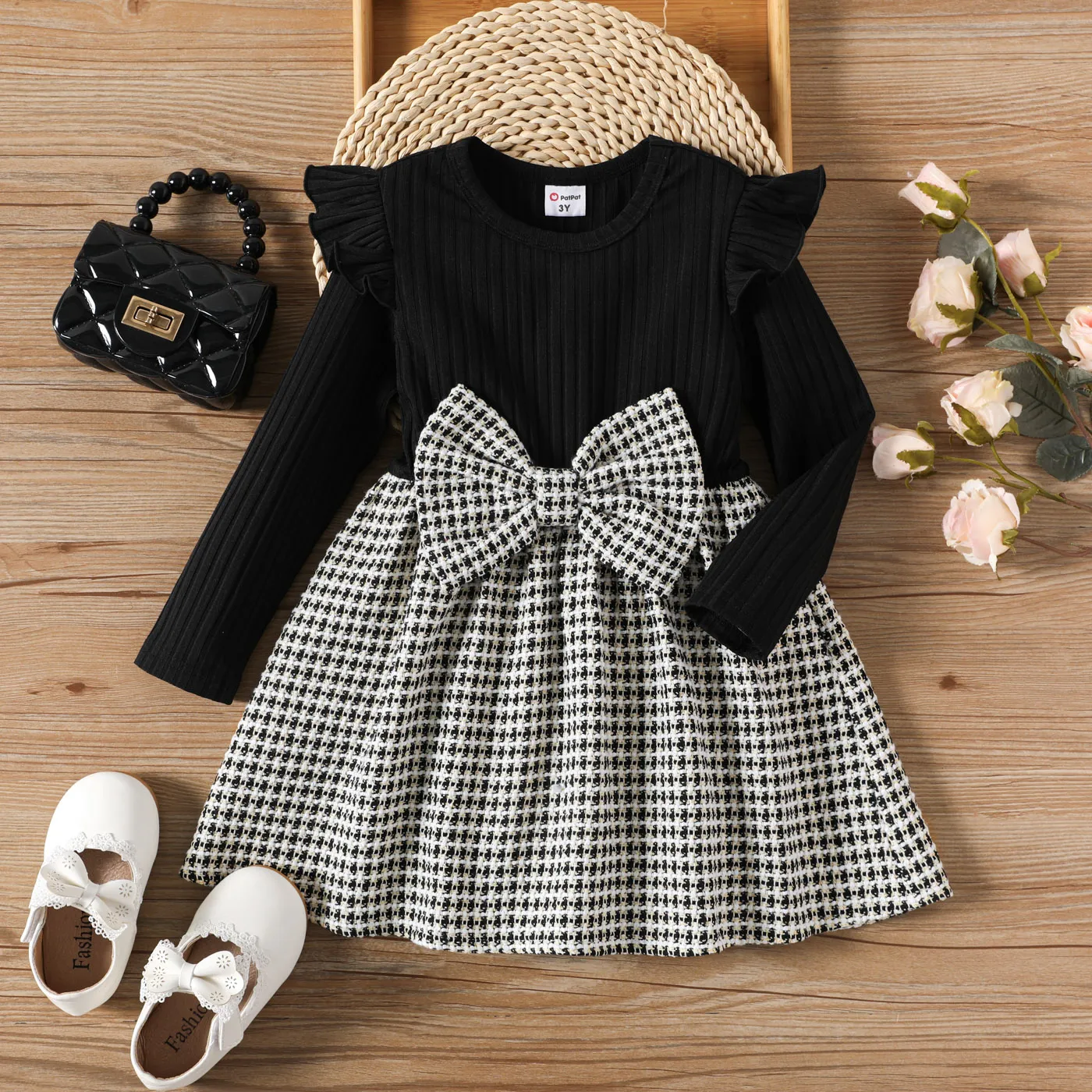 Toddler Girl Big Bowknot Design Tweed Plaid Splice Ruffled Long-sleeve Dress  big image 1