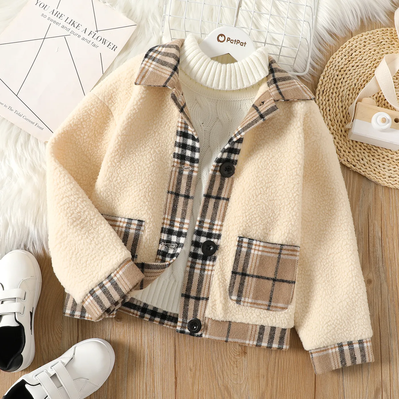 Kid Girl Plaid Splice Berber Fleece Lapel Collar Jacket