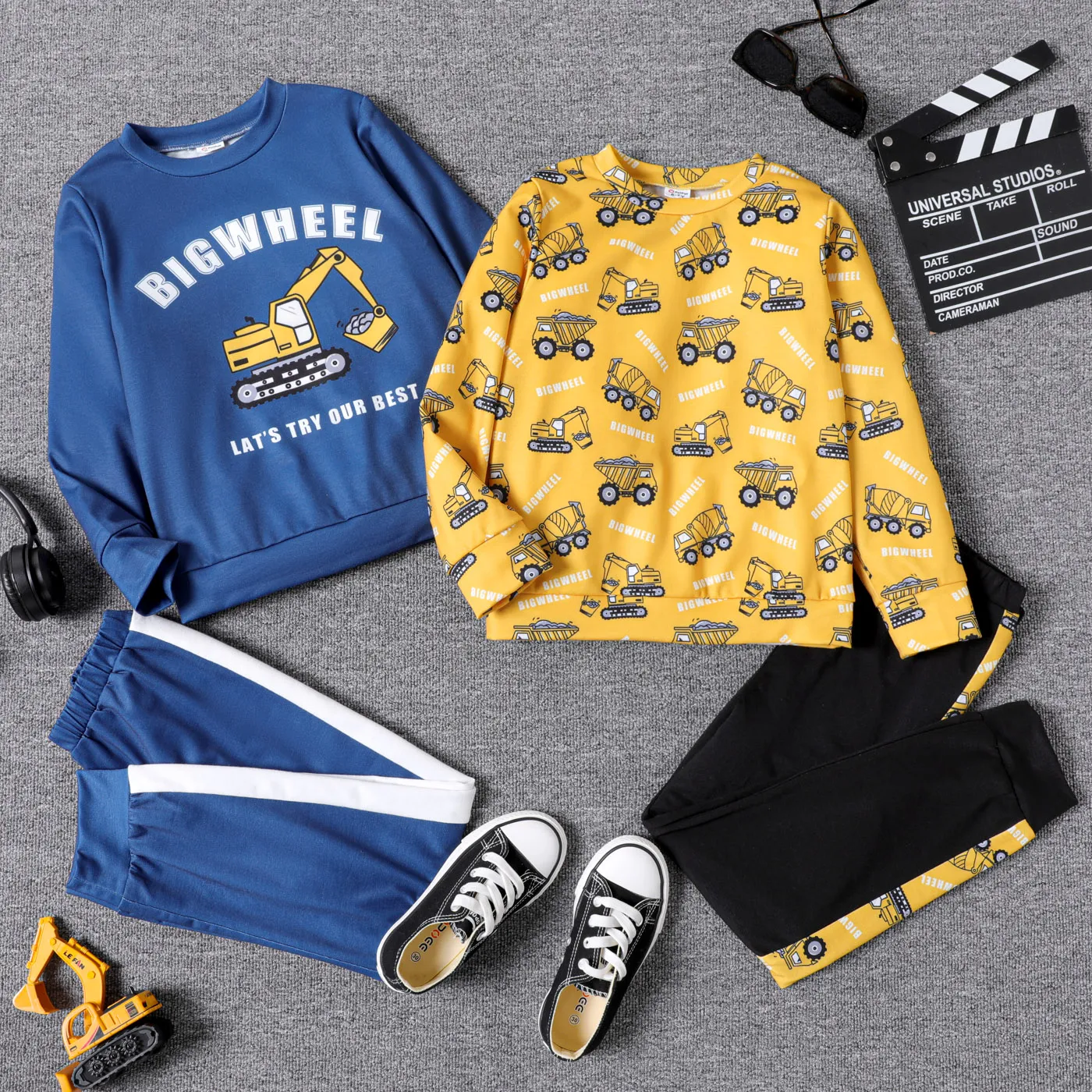 2pcs Kid Boy Vehicle Letter Print Sweatshirt and Colorblock Elasticized Pants Set Navy image 2